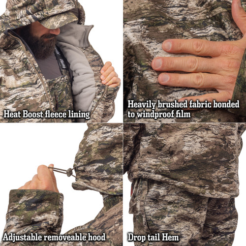 Heat Boost fleece interior, soft In-Velvet exterior, adjustable hood, drop tail hem is longer in the back than the front.