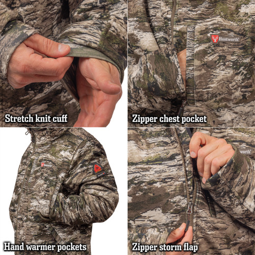 Two piece cuffs at the wrist, chest hand warmer pockets, and plenty of storage pockets.