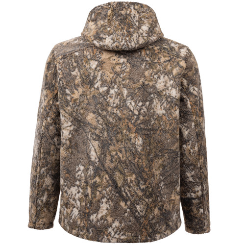 Quiet Berber fleece jacket with harness access port and differential hem for added coverage
