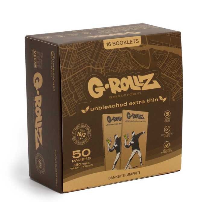 G-Rollz Banksy's Graffiti Unbleached Extra Thin King Size Rolling Papers + Tips & Tray (16 Count Display) - Design Set 1
