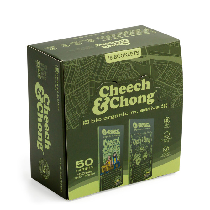 G-Rollz Cheech & Chong Medicago Sativa Extra Thin King Size Rolling Papers + Tips & Tray (16 Count Display) - Design Set 1