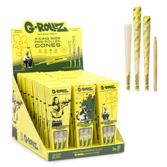 G-Rollz Banksy's Graffiti 3 King Size Pre-Rolled Cones (24 Count Display) - Bamboo Unbleached