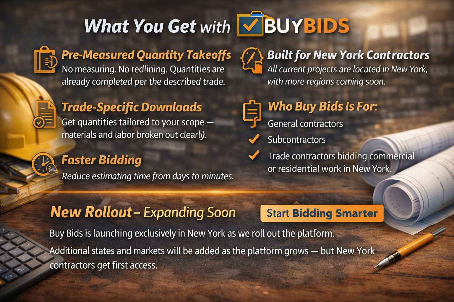 “Buy Bids by Pinch Estimating – pre-measured quantity takeoffs and trade-specific downloads for faster bidding by New York contractors.”