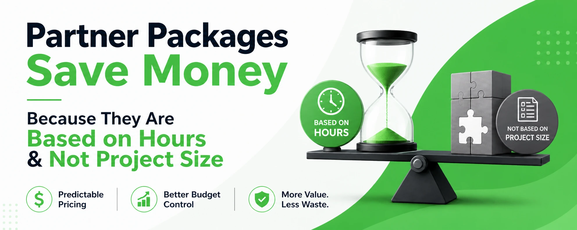 Partner Packages marketing banner with bold blue text reading “Save Money Because They Are Based on Hours & Not Project Size,” alongside icons of an hourglass, clock, and puzzle pieces to represent hourly pricing instead of project-based pricing, highlighting predictable pricing, better budget control, and more value with less waste.