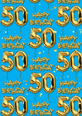 Age Gift Wrap - 50th Birthday Wrapping Paper Gold Balloon Blue