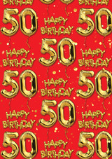 Age Gift Wrap - 50th Birthday Wrapping Paper Gold Balloon Red