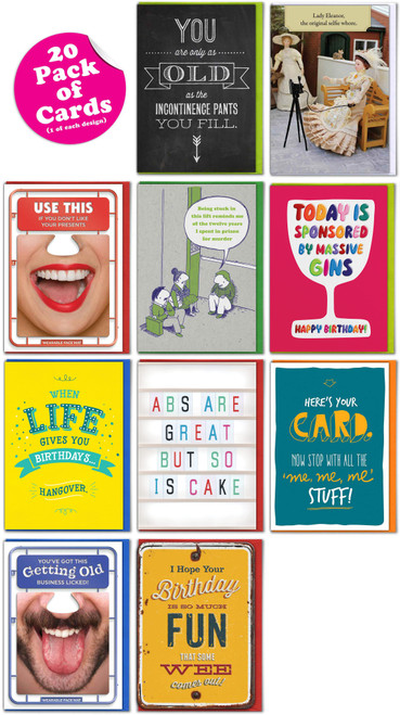 Funny Card Pack Of 20 Mixed Design Birthday Cards By Brainbox Candy