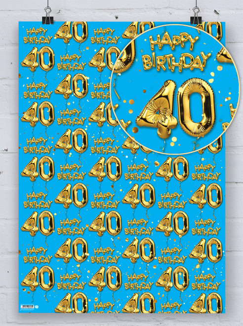 Age Gift Wrap - 40th Birthday Wrapping Paper Gold Balloon Blue