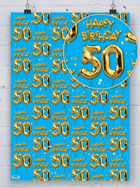 Age Gift Wrap - 50th Birthday Wrapping Paper Gold Balloon Blue