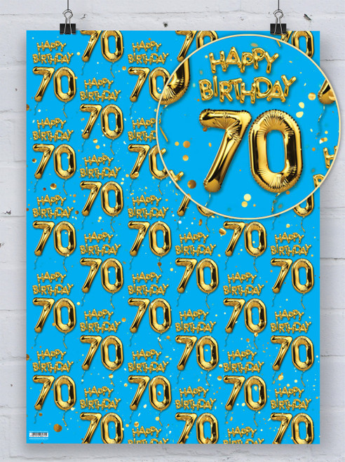 Age Gift Wrap - 70th Birthday Wrapping Paper Gold Balloon Blue