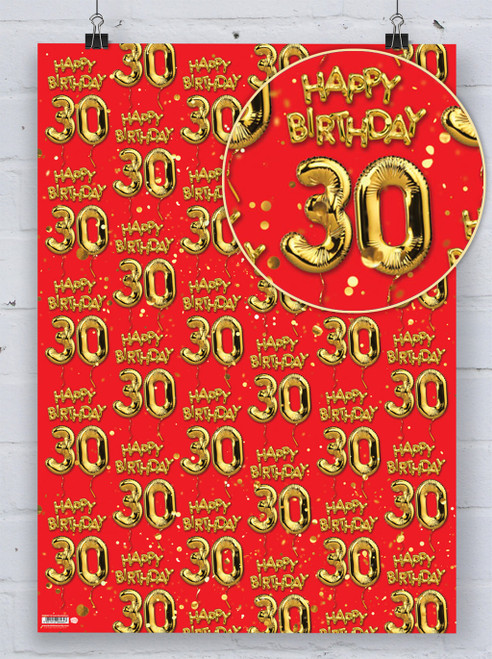 Age Gift Wrap - 30th Birthday Wrapping Paper Gold Balloon Red