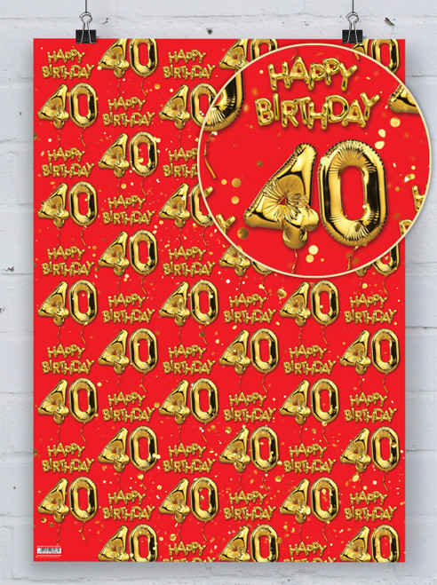 Age Gift Wrap - 40th Birthday Wrapping Paper Gold Balloon Red