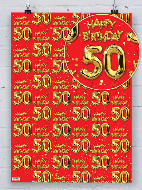 Age Gift Wrap - 50th Birthday Wrapping Paper Gold Balloon Red