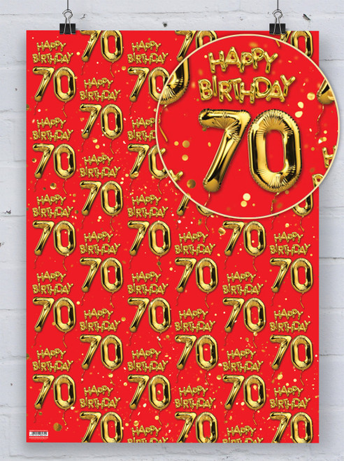 Age Gift Wrap - 70th Birthday Wrapping Paper Gold Balloon Red By Brainbox Candy