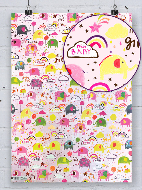 Newborn Gift Wrap - Baby Girl Pink Elephant Wrapping Paper By Glick