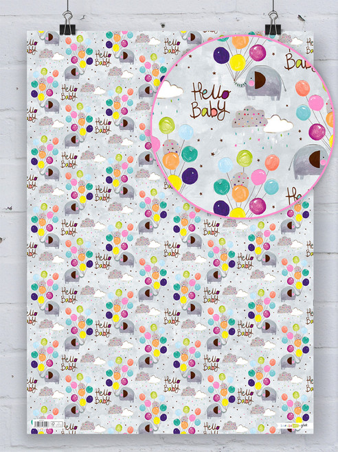 Newborn Gift Wrap - 'Hello Baby' Elephant Neutral Baby Wrapping Paper By Glick