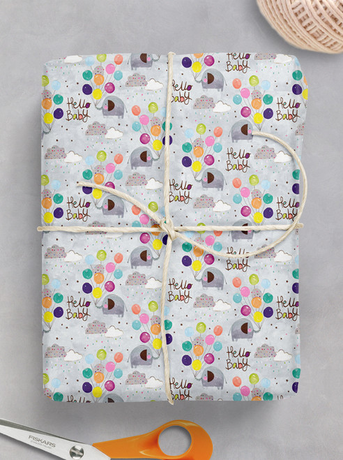Newborn Gift Wrap - 'Hello Baby' Elephant Neutral Baby Wrapping Paper By Glick