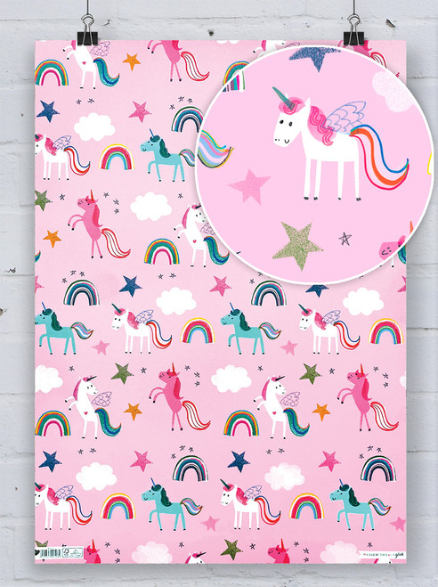 Children's Gift Wrap - Unicorns and Rainbows Girls Wrapping Paper By Glick