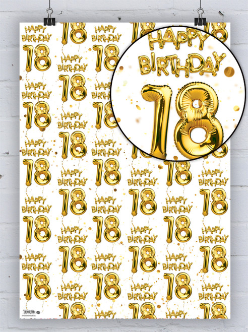 Age Gift Wrap - 18th Birthday Wrapping Paper White Gold Balloon