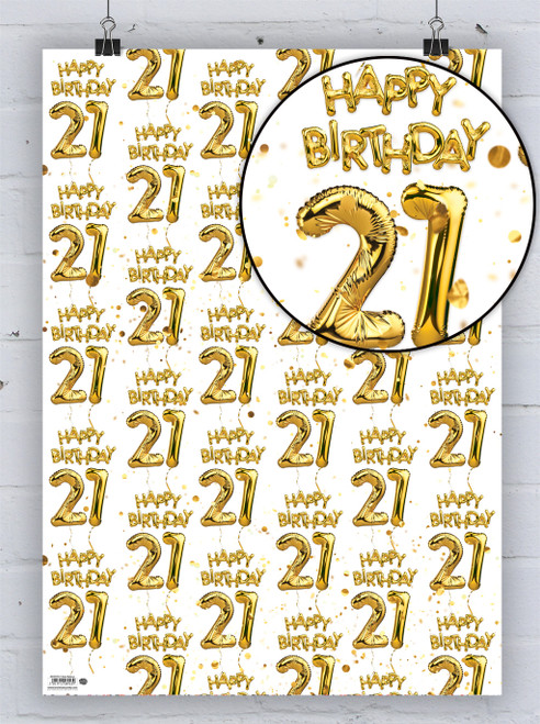 Age Gift Wrap - 21st Birthday Wrapping Paper White Gold Balloon