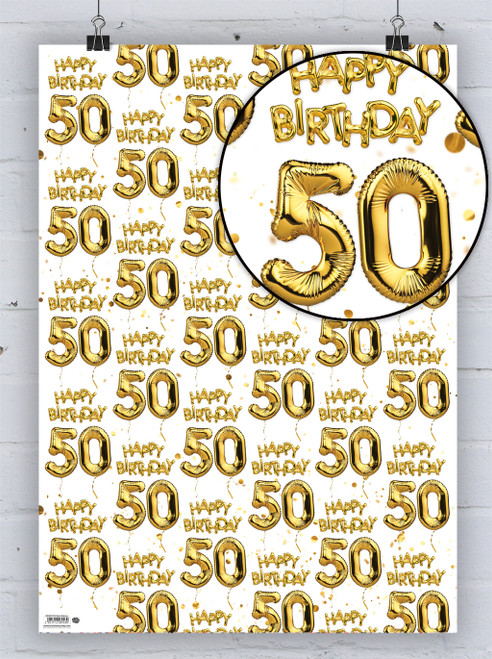Age Gift Wrap - 50th Birthday Wrapping Paper White Gold Balloon