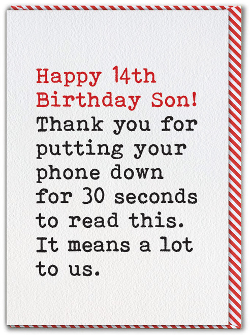 Funny 14th Birthday Card - Son 14 Phone Down