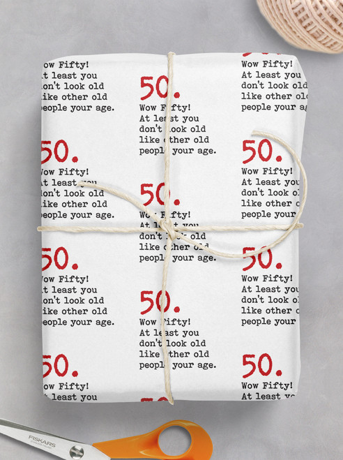 Age Gift Wrap - Wow Fifty! Funny 50th Birthday Wrapping Paper By Brainbox Candy