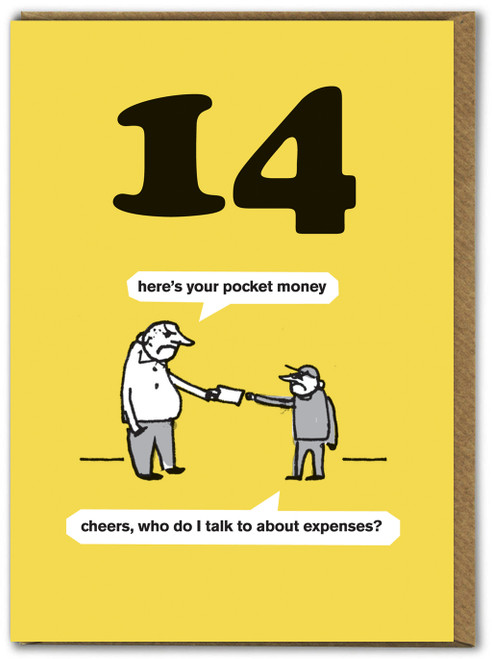 Funny 14th Birthday Card - Age 14 Pocket Money By Modern Toss