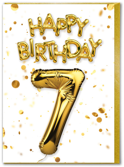 7th Birthday Card - Age 7 Balloon Gold