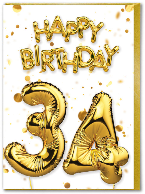 34th Birthday Card - Age 34 Balloon Gold