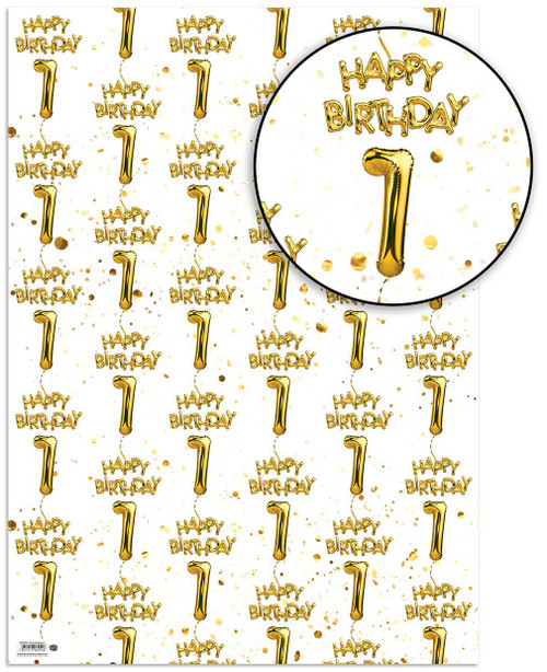 Age Gift Wrap - 1st Birthday Wrapping Paper White & Gold Foil Effect