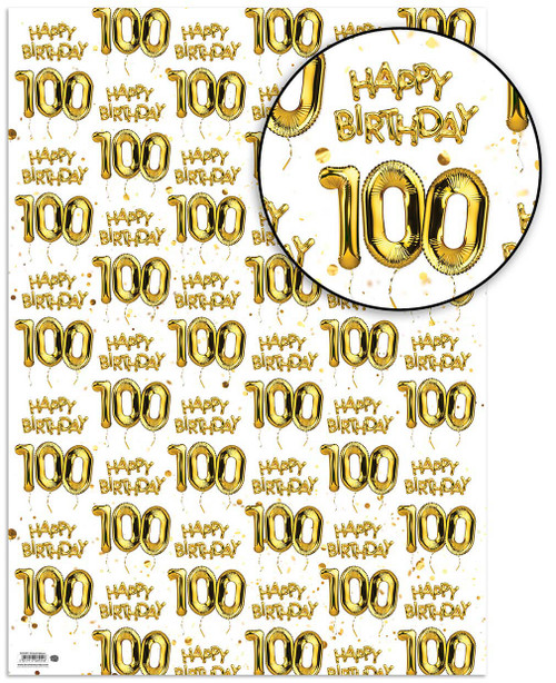 Age Gift Wrap - 100th Birthday Wrapping Paper White & Gold Foil Effect