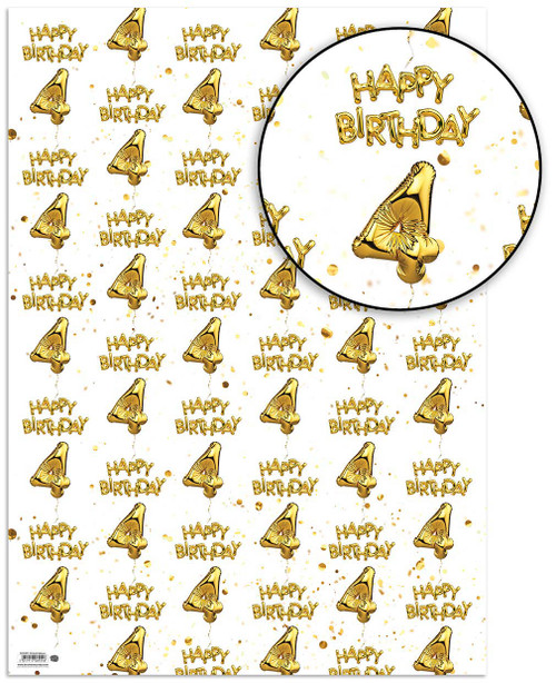 Age Gift Wrap - 4th Birthday Wrapping Paper White & Gold Foil Effect