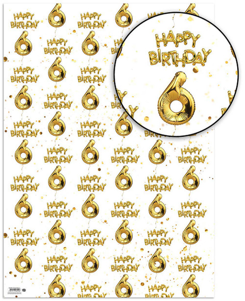 Age Gift Wrap - 6th Birthday Wrapping Paper White & Gold Foil Effect