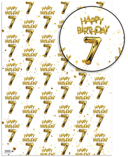 Age Gift Wrap - 7th Birthday Wrapping Paper White & Gold Foil Effect
