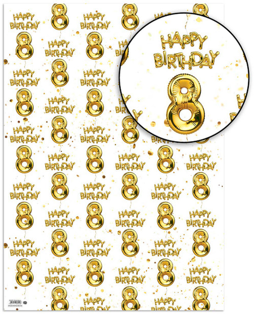 Age Gift Wrap - 8th Birthday Wrapping Paper White & Gold Foil Effect
