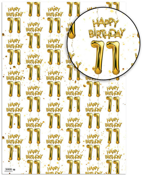 Age Gift Wrap - 11th Birthday Wrapping Paper White & Gold Foil Effect