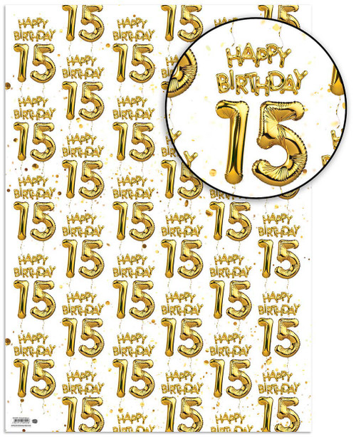 Age Gift Wrap - 15th Birthday Wrapping Paper White & Gold Foil Effect
