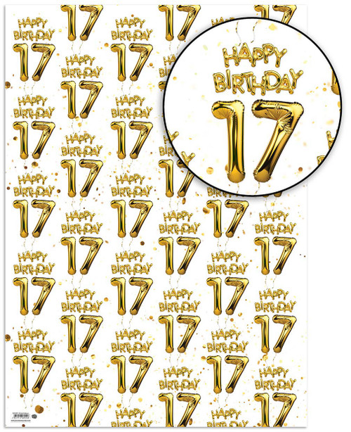 Age Gift Wrap - 17th Birthday Wrapping Paper White & Gold Foil Effect