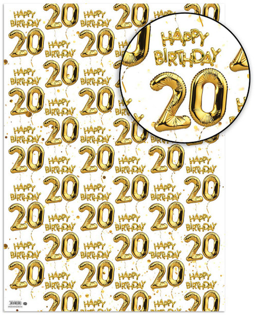Age Gift Wrap - 20th Birthday Wrapping Paper White & Gold Foil Effect