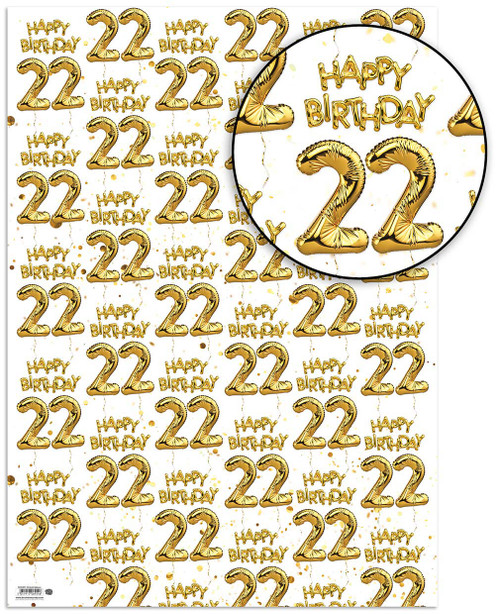 Age Gift Wrap - 22nd Birthday Wrapping Paper White & Gold Foil Effect