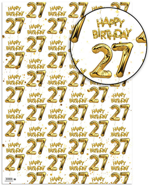 Age Gift Wrap - 27th Birthday Wrapping Paper White & Gold Foil Effect