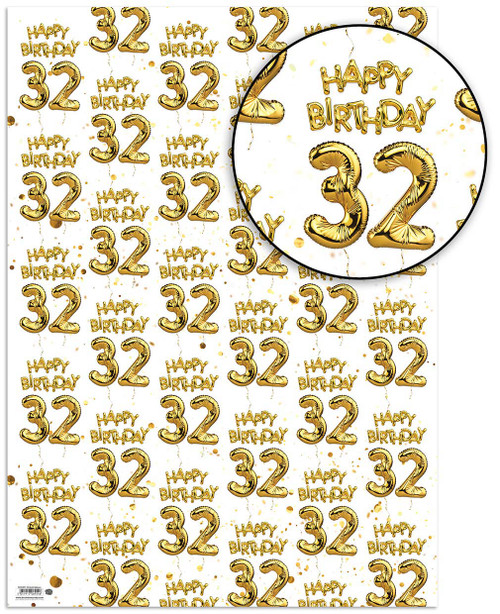 Age Gift Wrap - 32nd Birthday Wrapping Paper White & Gold Foil Effect