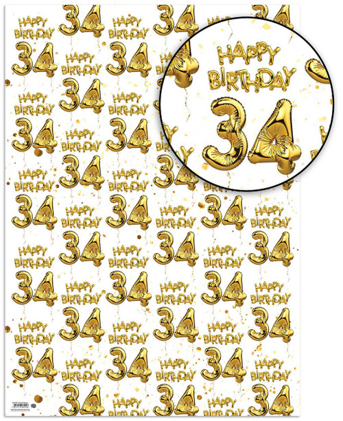 Age Gift Wrap - 34th Birthday Wrapping Paper White & Gold Foil Effect