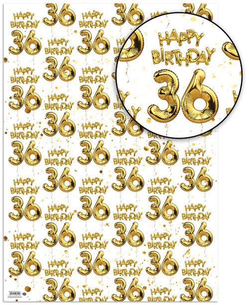 Age Gift Wrap - 36th Birthday Wrapping Paper White & Gold Foil Effect
