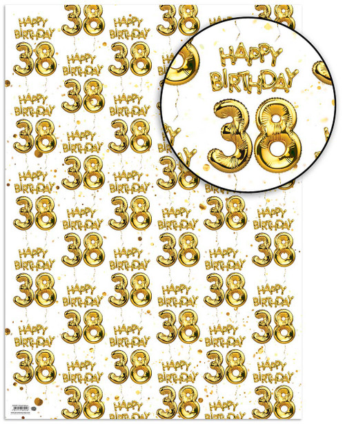 Age Gift Wrap - 38th Birthday Wrapping Paper White & Gold Foil Effect
