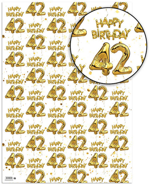 Age Gift Wrap - 42nd Birthday Wrapping Paper White & Gold Foil Effect