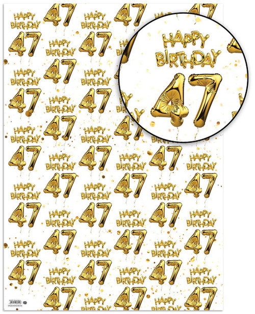 Age Gift Wrap - 47th Birthday Wrapping Paper White & Gold Foil Effect