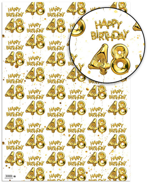 Age Gift Wrap - 48th Birthday Wrapping Paper White & Gold Foil Effect
