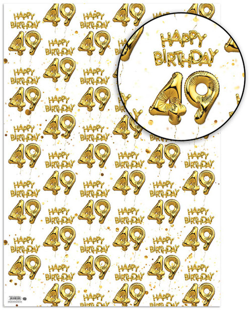 Age Gift Wrap - 49th Birthday Wrapping Paper White & Gold Foil Effect
